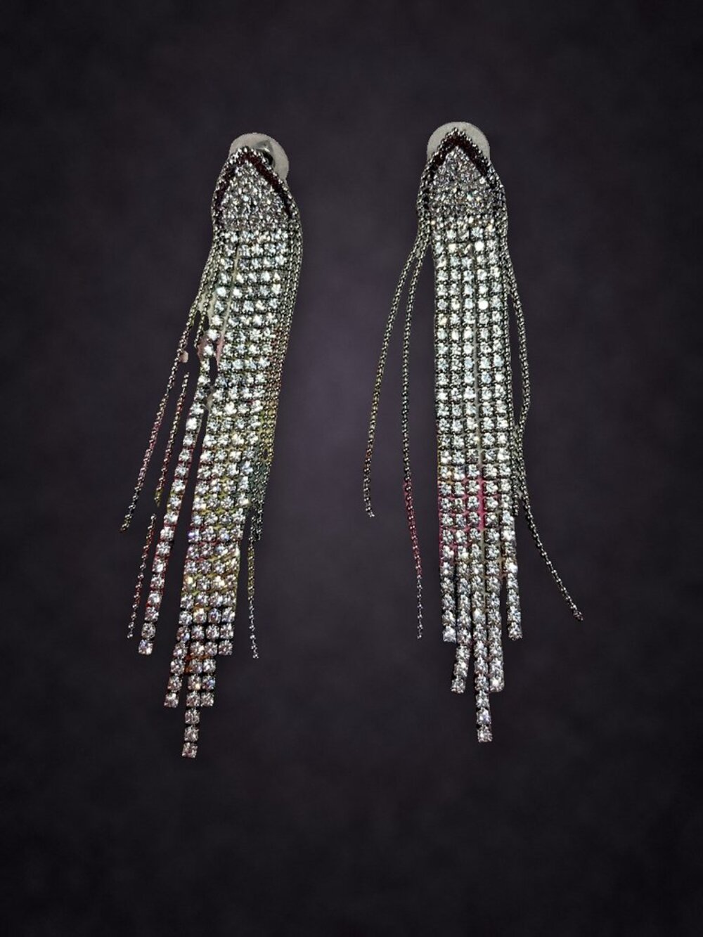 Long Slim Rhinestone Tassel Drop Earrings, Crystal Fringe, Silver Tone NWT